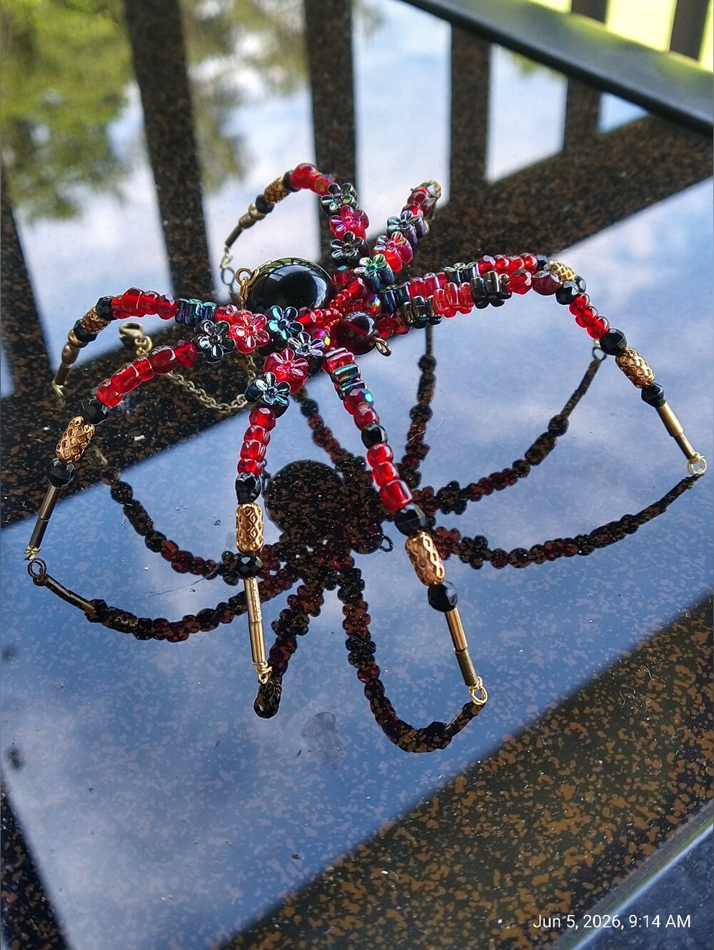 Hand Crafted • Red & Black Floral Beaded Spider Pendant - Picture 7 of 16